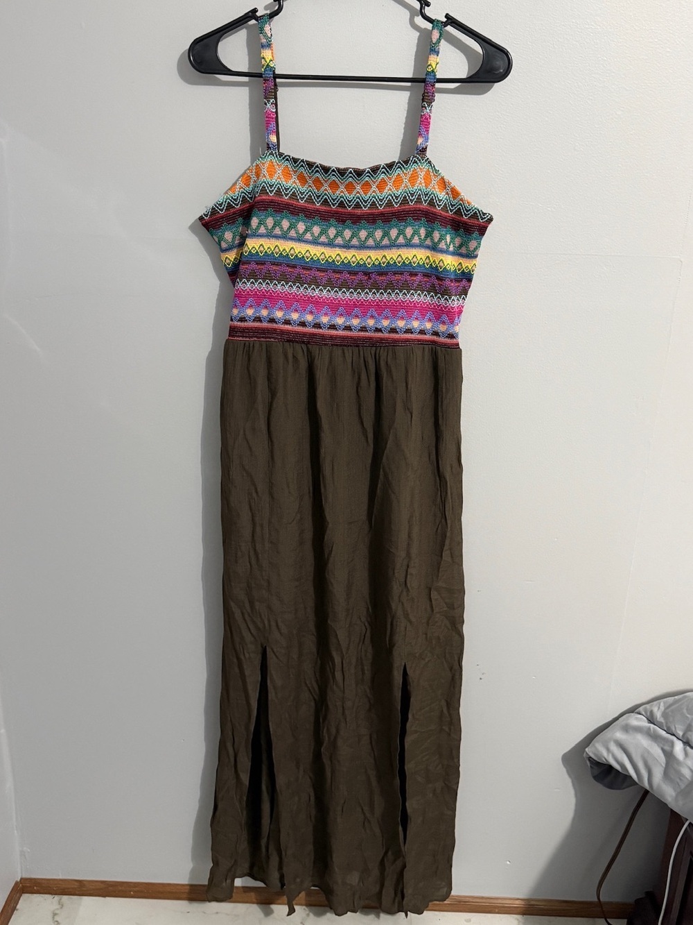 Cato Dress Womens Medium Maxi Smocked Brown Rainbow Crochet Vacation Split Hem